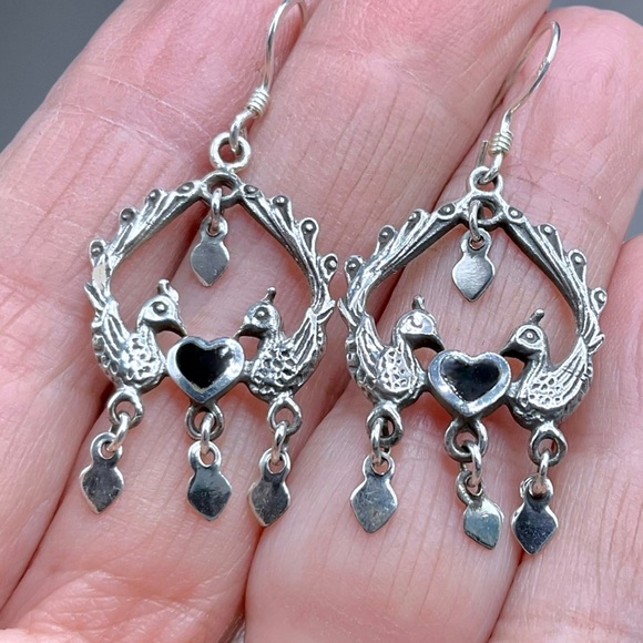 🌺 Vintage Sterling & Onyx Peacock Earrings - Picture 7 of 10